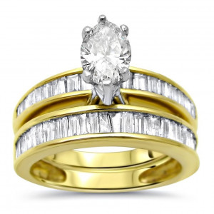 Gold 2ct TDW Marquise Baguette Diamond Engagement Ring Bridal Set - Handcrafted By Name My Rings™