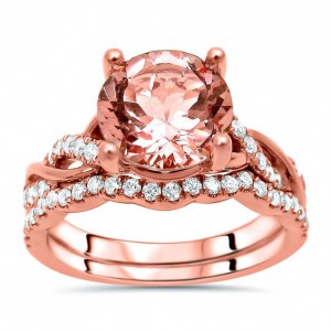 Rose Gold 1 3/5ct. TGW Round-cut Morganite and 2/5ct. TDW Diamond Engagement Ring Set - Handcrafted By Name My Rings™