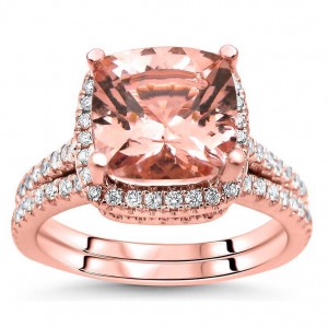 Rose Gold 2 1/2ct TGW Cushion-cut Morganite Diamond Engagement Ring Bridal Set - Handcrafted By Name My Rings™