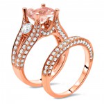 Rose Gold 3ct TGW Morganite and 1 1/2ct TDW 3-stone Diamond Engagement Ring Set - Handcrafted By Name My Rings™