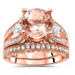 Rose Gold 3ct TGW Morganite and 1 1/2ct TDW 3-stone Diamond Engagement Ring Set - Handcrafted By Name My Rings™