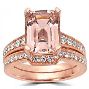 Rose Gold Emerald-cut Morganite Diamond Engagement Ring Bridal Set - Handcrafted By Name My Rings™