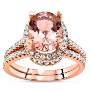 Rose Gold Morganite and 1/2ct TDW White Diamond Engagement Bridal Set - Handcrafted By Name My Rings™