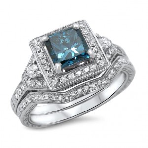 White Gold 1 1/10ct TDW Blue Princess-cut Diamond Bridal Ring Set - Handcrafted By Name My Rings™