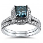 White Gold 1 1/2 TDW Blue Princess Cut Diamond Engagement Ring Set - Handcrafted By Name My Rings™