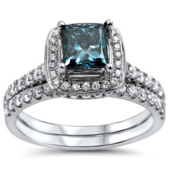 White Gold 1 1/2 TDW Blue Princess Cut Diamond Engagement Ring Set - Handcrafted By Name My Rings™