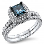 White Gold 1 1/2 TDW Blue Princess Cut Diamond Engagement Ring Set - Handcrafted By Name My Rings™
