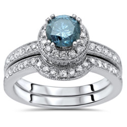 White Gold 1 1/2ct TDW Blue Round Diamond Engagement Ring Bridal Set - Handcrafted By Name My Rings™