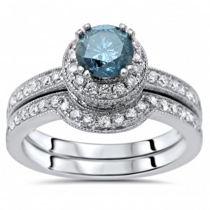 White Gold 1 1/2ct TDW Blue Round Diamond Engagement Ring Bridal Set - Handcrafted By Name My Rings™