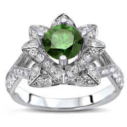 White Gold 1 1/2ct TDW Green Diamond Lotus Flower Engagement Ring - Handcrafted By Name My Rings™