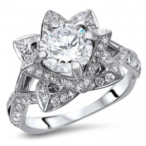White Gold 1 1/3ct TGW Round Moissanite Lotus Flower and 3/4ct TDW Diamond Engagement Ring - Handcrafted By Name My Rings™
