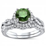 White Gold 1 1/4ct TDW Green Round Diamond Engagement Ring Bridal Set - Handcrafted By Name My Rings™