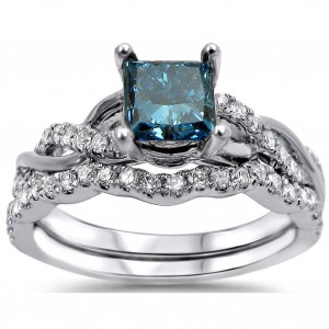 White Gold 1 1/5ct TDW Blue and White Diamond Bridal Set - Handcrafted By Name My Rings™