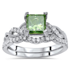 White Gold 1 1/5ct TDW Green Princess Cut Diamond Engagement Ring Bridal Set - Handcrafted By Name My Rings™