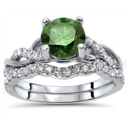 White Gold 1 1/6ct Green Round Diamond Engagement Ring Bridal Set - Handcrafted By Name My Rings™