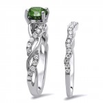 White Gold 1 1/6ct Green Round Diamond Engagement Ring Bridal Set - Handcrafted By Name My Rings™