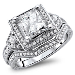 White Gold 1 2/5ct TDW Princess Cut Halo Enhanced Diamond Bridal Set - Handcrafted By Name My Rings™