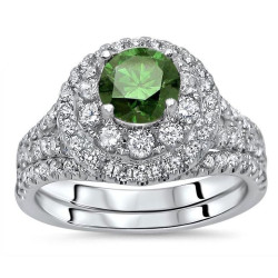 White Gold 1 3/4ct TDW Green Round Diamond Double Halo Engagement Ring Bridal Set - Handcrafted By Name My Rings™