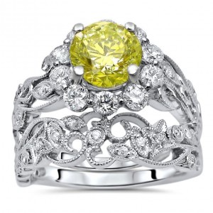 White Gold 1 3/4ct Yellow Round Diamond Engagement Ring Bridal Set White Gold - Handcrafted By Name My Rings™