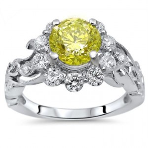 White Gold 1 3/5 ct TDW Yellow Round Diamond Flower Floral Engagement Ring - Handcrafted By Name My Rings™