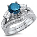 White Gold 1 3/5ct Blue Diamond Three Stone Bridal Set - Handcrafted By Name My Rings™