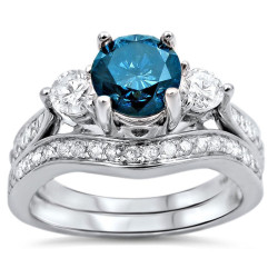 White Gold 1 3/5ct Blue Diamond Three Stone Bridal Set - Handcrafted By Name My Rings™