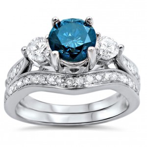 White Gold 1 3/5ct Blue Diamond Three Stone Bridal Set - Handcrafted By Name My Rings™