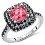 White Gold 1 3/5ct TGW Pink Cushion-Cut Sapphire Black Diamond Halo Engagement Ring - Handcrafted By Name My Rings™