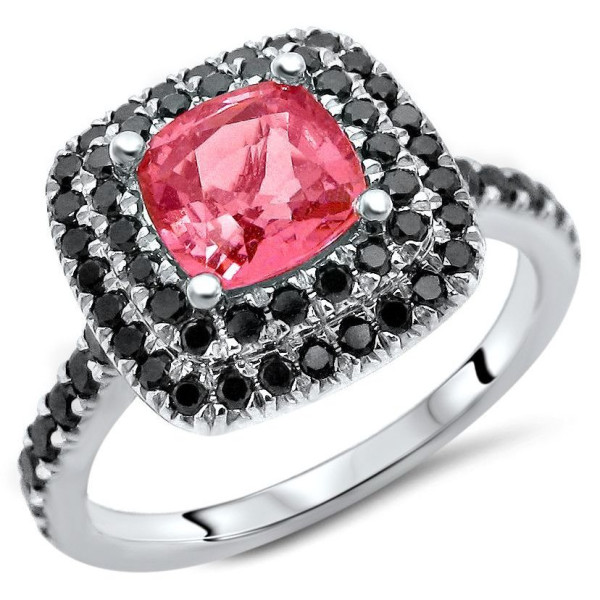 White Gold 1 3/5ct TGW Pink Cushion-Cut Sapphire Black Diamond Halo Engagement Ring - Handcrafted By Name My Rings™