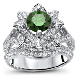 White Gold 1 7/8ct TDW Green Round Diamond Lotus Flower Bridal Set - Handcrafted By Name My Rings™