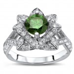White Gold 1 7/8ct TDW Green Round Diamond Lotus Flower Bridal Set - Handcrafted By Name My Rings™