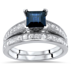 White Gold 1ct TDW Diamond Princess-cut Sapphire Ring Set - Handcrafted By Name My Rings™