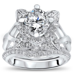 White Gold 1ct TGW Moissanite Lotus Flower and 3/4ct TDW Diamond Bridal Set - Handcrafted By Name My Rings™