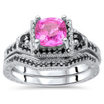 White Gold 1ct TGW Pink Sapphire and 1/3ct TDW Black Diamond Engagement Ring Set - Handcrafted By Name My Rings™