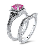 White Gold 1ct TGW Pink Sapphire and 1/3ct TDW Black Diamond Engagement Ring Set - Handcrafted By Name My Rings™