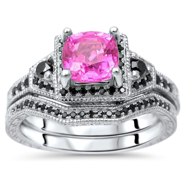 White Gold 1ct TGW Pink Sapphire and 1/3ct TDW Black Diamond Engagement Ring Set - Handcrafted By Name My Rings™