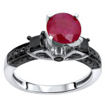 White Gold 1ct TGW Round Red Ruby and 3/4ct TDW Black Diamond Engagement Ring - Handcrafted By Name My Rings™