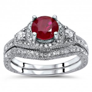 White Gold 1ct TGW Ruby and 2/5ct TDW Diamond Bridal Ring Set - Handcrafted By Name My Rings™