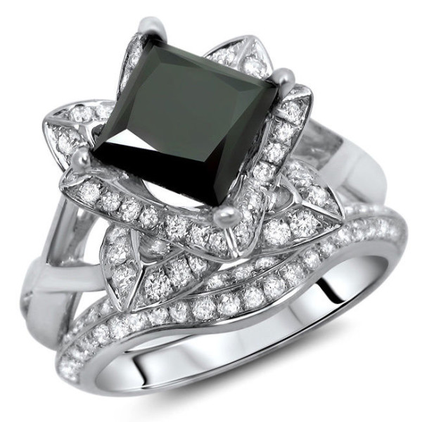 White Gold 2 1/2ct Black Diamond Princess Cut Ring Set - Handcrafted By Name My Rings™