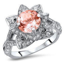 White Gold 2 1/3ct TGW Round-cut Morganite Diamond Lotus Flower Engagement Ring - Handcrafted By Name My Rings™