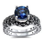 White Gold 2 1/6ct TDW Black Diamond Blue Sapphire Bridal Ring Set - Handcrafted By Name My Rings™