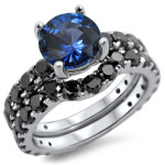 White Gold 2 1/6ct TDW Black Diamond Blue Sapphire Bridal Ring Set - Handcrafted By Name My Rings™