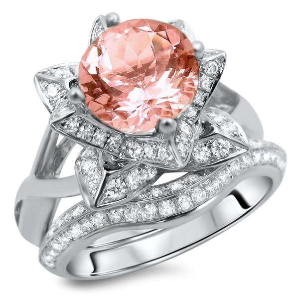 White Gold 2 2/5ct TGW Round-cut Morganite Diamond Lotus Flower Engagement Ring Bridal Set - Handcrafted By Name My Rings™