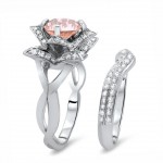 White Gold 2 2/5ct TGW Round-cut Morganite Diamond Lotus Flower Engagement Ring Bridal Set - Handcrafted By Name My Rings™