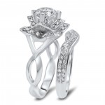 White Gold 2 3/4 TGW Round Moissanite Lotus Flower Diamond Engagement Ring Bridal Set - Handcrafted By Name My Rings™