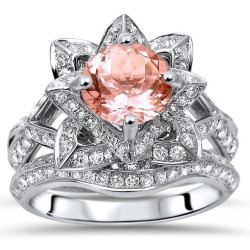 White Gold 2 3/4ct TGW Round-cut Morganite Diamond Lotus Flower Engagement Ring Bridal Set - Handcrafted By Name My Rings™