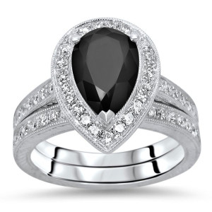 White Gold 2 3/5ct TDW Black Pear Diamond Engagement Ring Set - Handcrafted By Name My Rings™