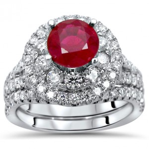 White Gold 2-carat TGW Ruby Double Halo Diamond Engagement Ring Set - Handcrafted By Name My Rings™