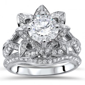 White Gold 2ct TGW Round Moissanite Lotus Flower and 1ct TDW Diamond Bridal Set - Handcrafted By Name My Rings™