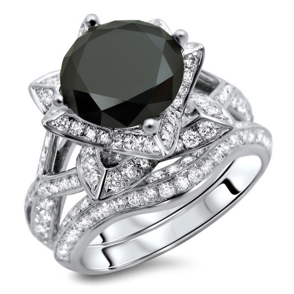 White Gold 3 1/2ct TDW Black Round-cut Diamond Ring and Matching Band - Handcrafted By Name My Rings™